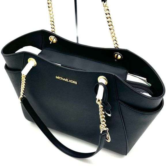 Michael Kors Jet Set Travel Large Chain Shoulder Tote Bag Black/Gold - Picture 9 of 12